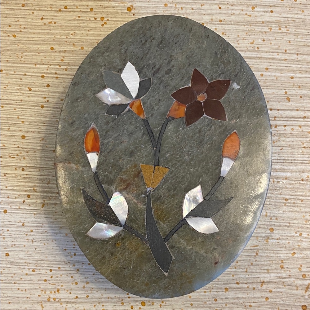 Oval Stone with Floral Inlay Trinket Box
